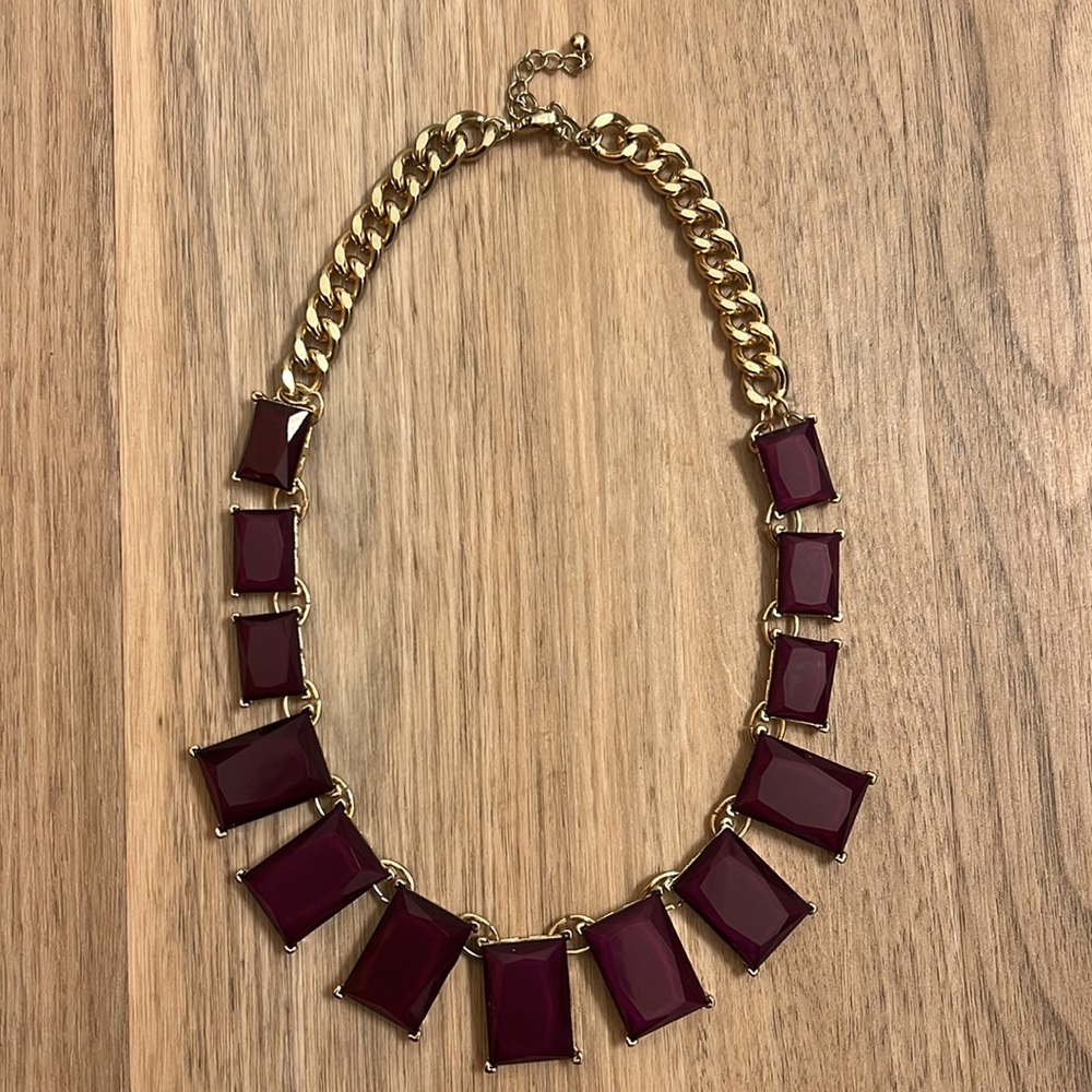 Gold Tone Chain Link with Violet Purple Jeweled Stones Statement Necklace